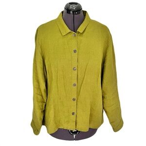 Flax Olive Green 100% Linen Button Down Long Sleeve Blouse, Size L
